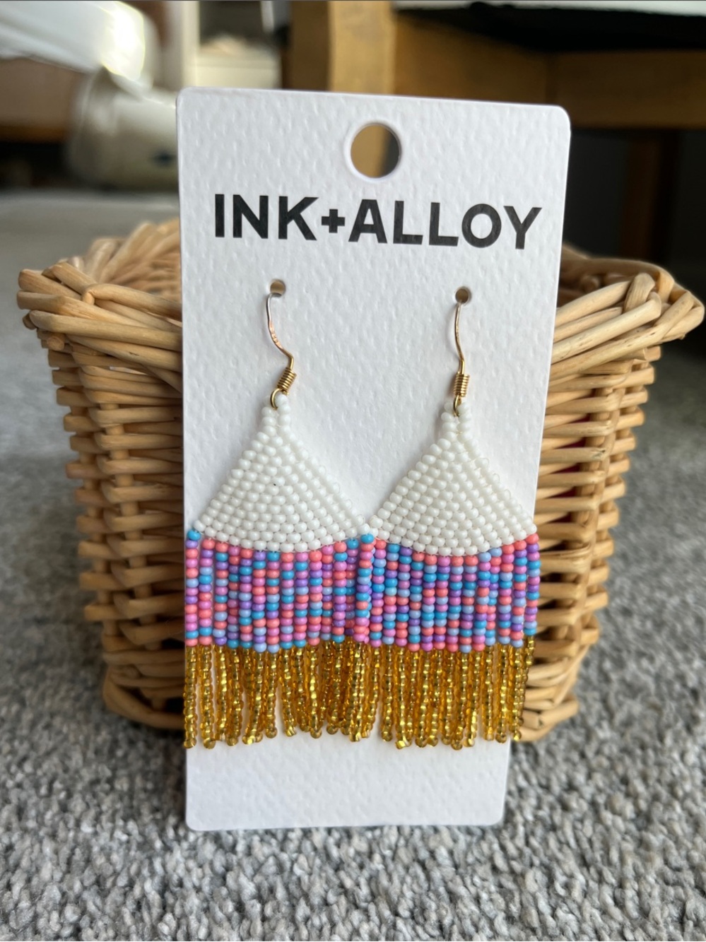 INK+ALLOY White, Pink & Blue Beaded Fringe Earrings with Gold Tassels
